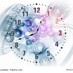 Abstract design made of gears, clock elements, dials and dynamic swirly lines on the subject of scheduling, deadlines, progress, past, present and future